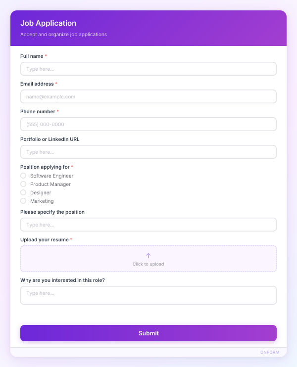 Job Application preview