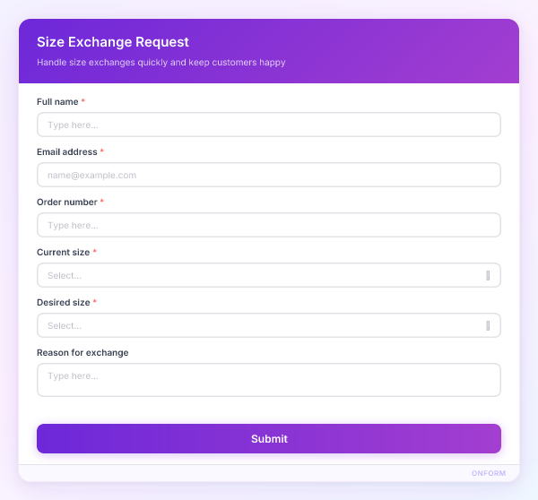 Size Exchange Request preview