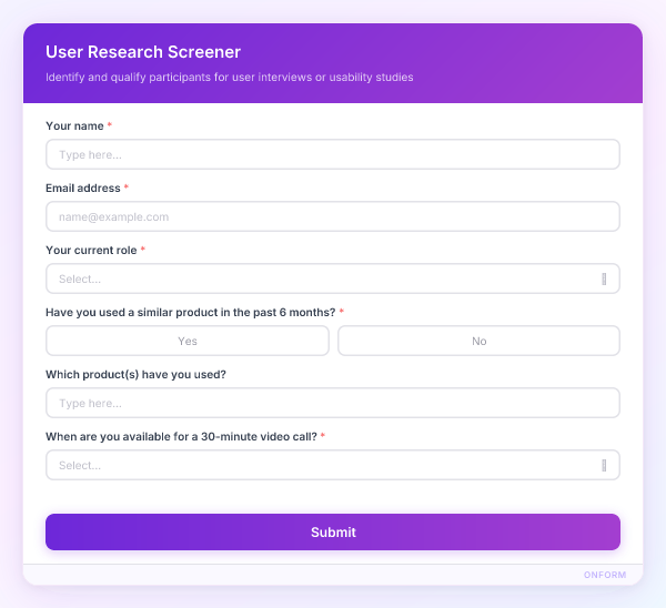 User Research Screener preview